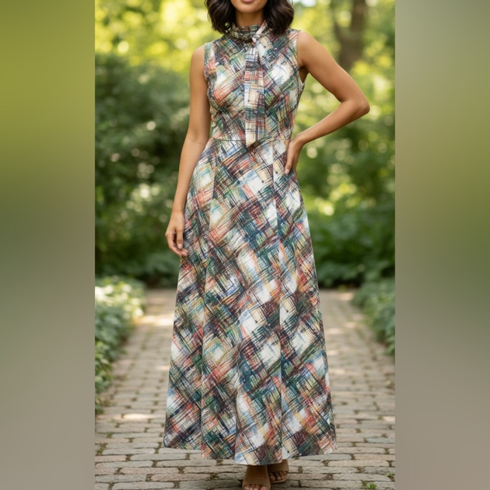 VINTAGE Colorful Tie Neckline Maxi Dress